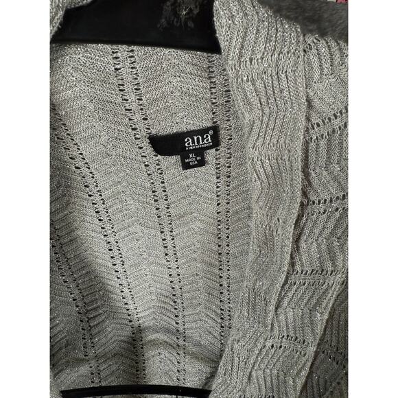 ANA A New Approach Silver Open Knit Cardigan Sweater XL Metallic Draped Hem - Picture 3 of 8